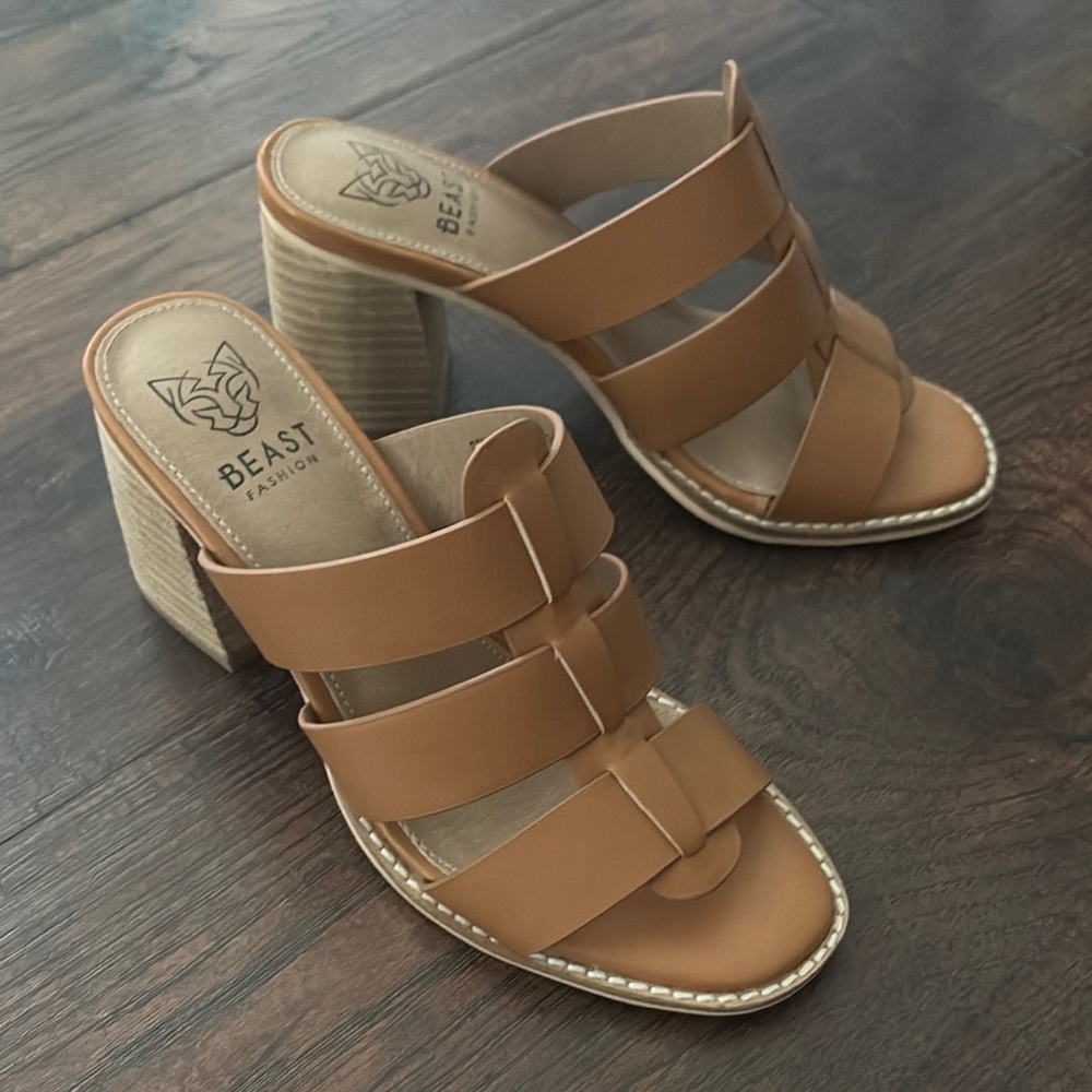 BEAST FASHION Tan Mules with Chunky Heel